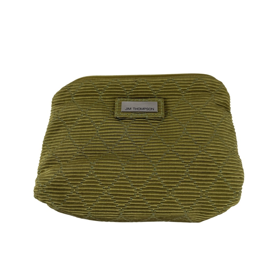 Jim Thompson Cosmetic Makeup Bag Womens Green‎ Pleated Fabric Zip Pouch Textured